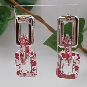 Acrylic Clear With Splattered Pink Paint and Silver Earrings NEW